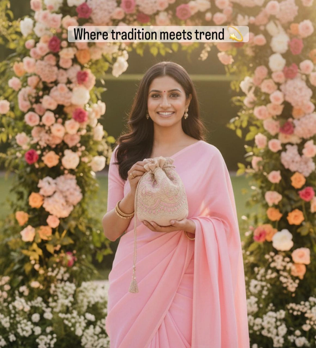Zohra: Blush Beige Net Potli with Pink Embroidery