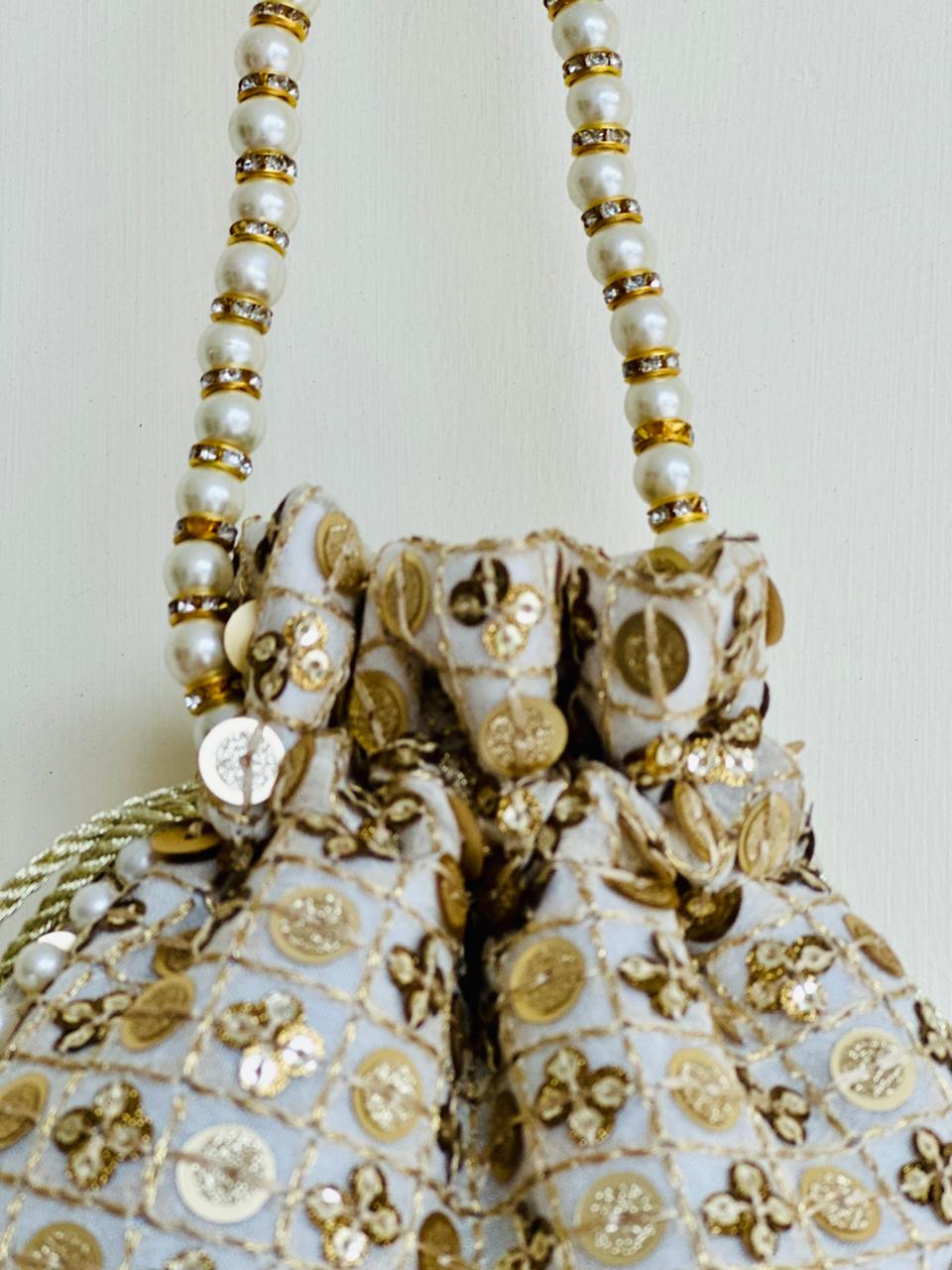 Aroosa: Gold Sequin Grid Potli, Pearl Border & Tassels