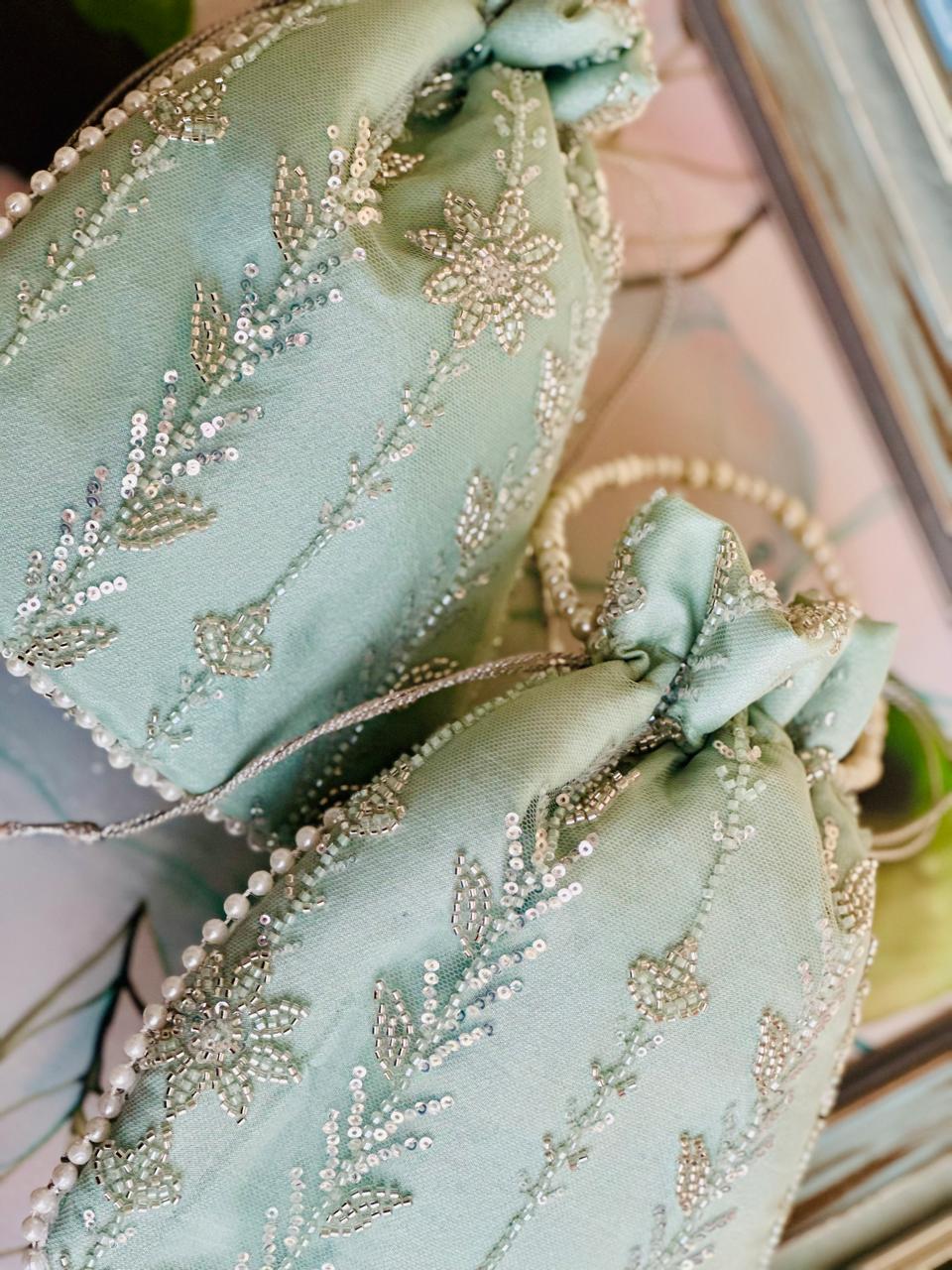 Zaiba: Mint Green Floral Beadwork Potli with Pearl Border