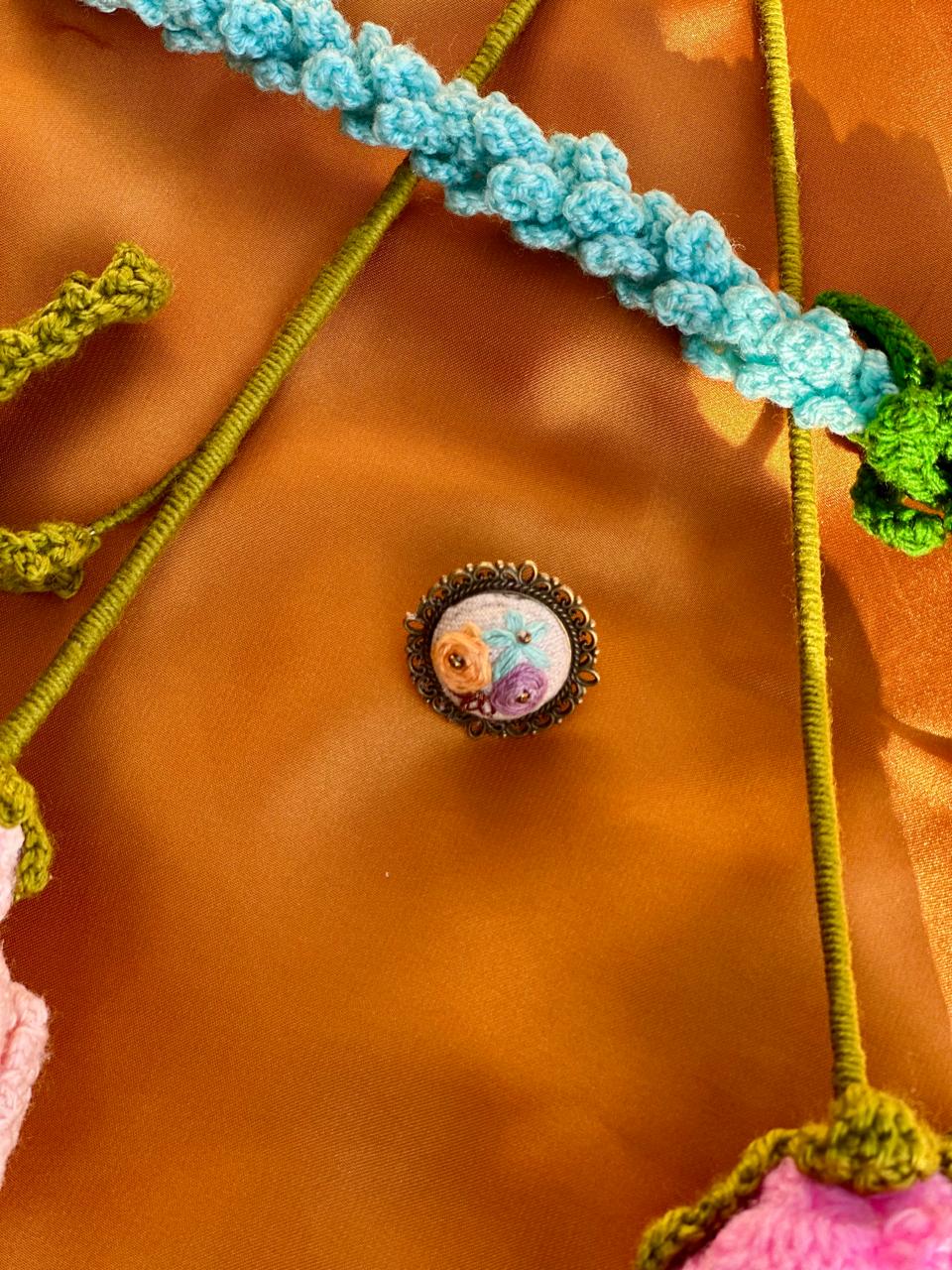 Handmade Floral Embroidery Ring - Colorful Wildflower Needlework Jewelry - Antique Bronze Adjustable Filigree Ring