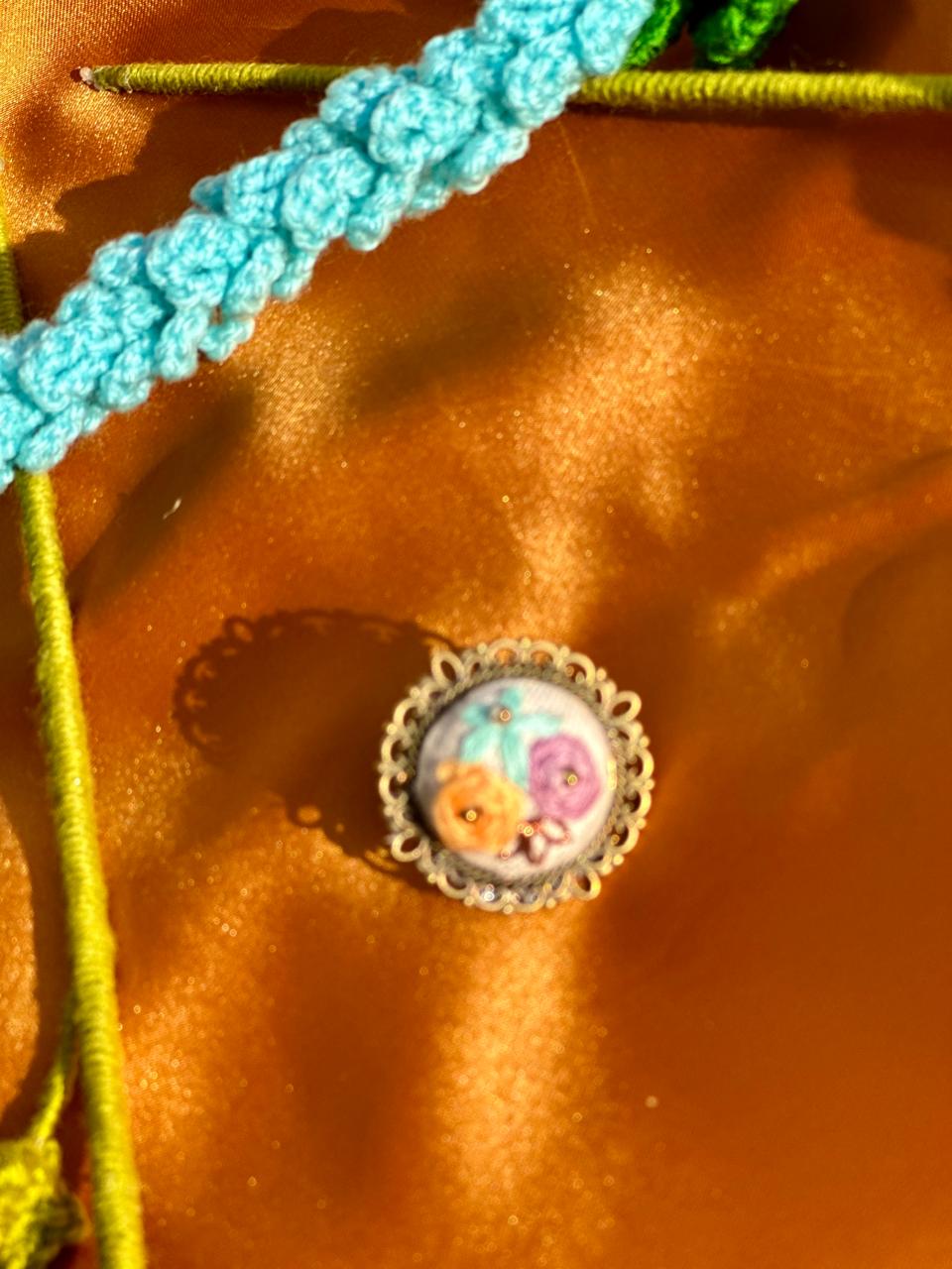 Handmade Floral Embroidery Ring - Colorful Wildflower Needlework Jewelry - Antique Bronze Adjustable Filigree Ring