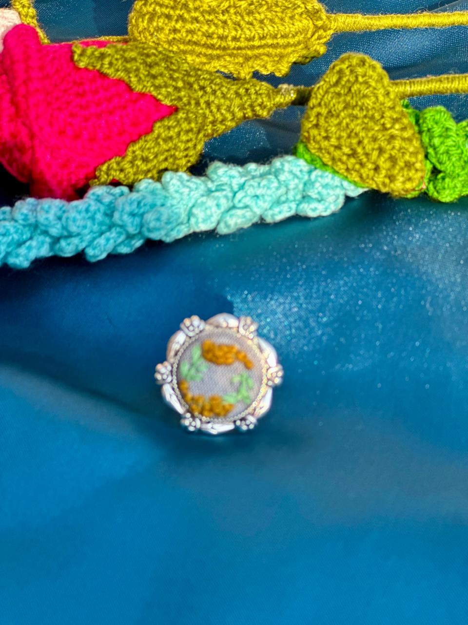 Hand-Embroidered Golden Wreath Ring - Silver Floral Vine Jewelry - Miniature Textured Needlework Ring - Adjustable Botanical Artisan Accessory