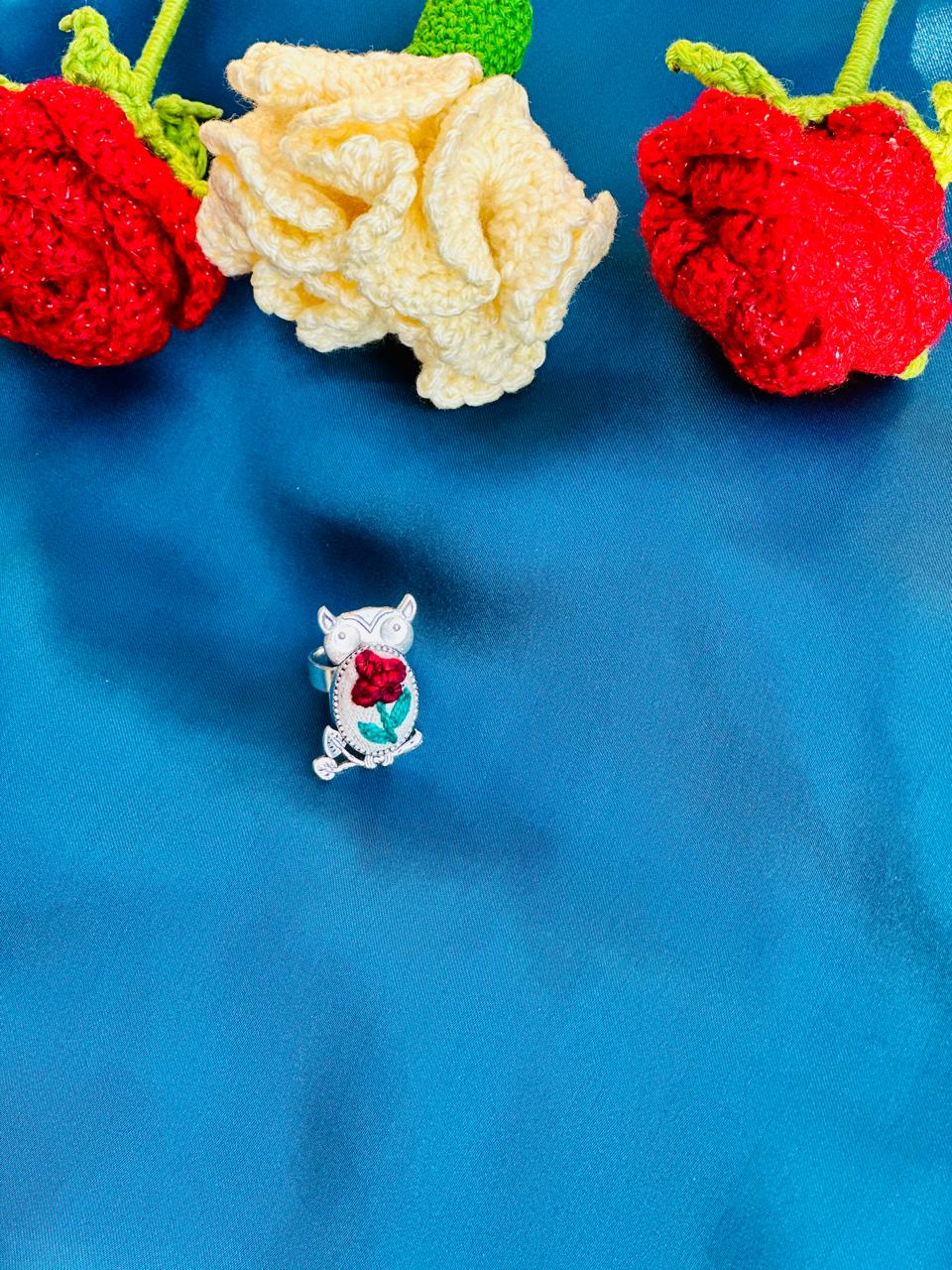 Hand-Embroidered Owl Ring - Red Rose Miniature Needlework Jewelry - Whimsical Silver Owl Statement Ring - Adjustable Nature-Inspired Artisan Gift