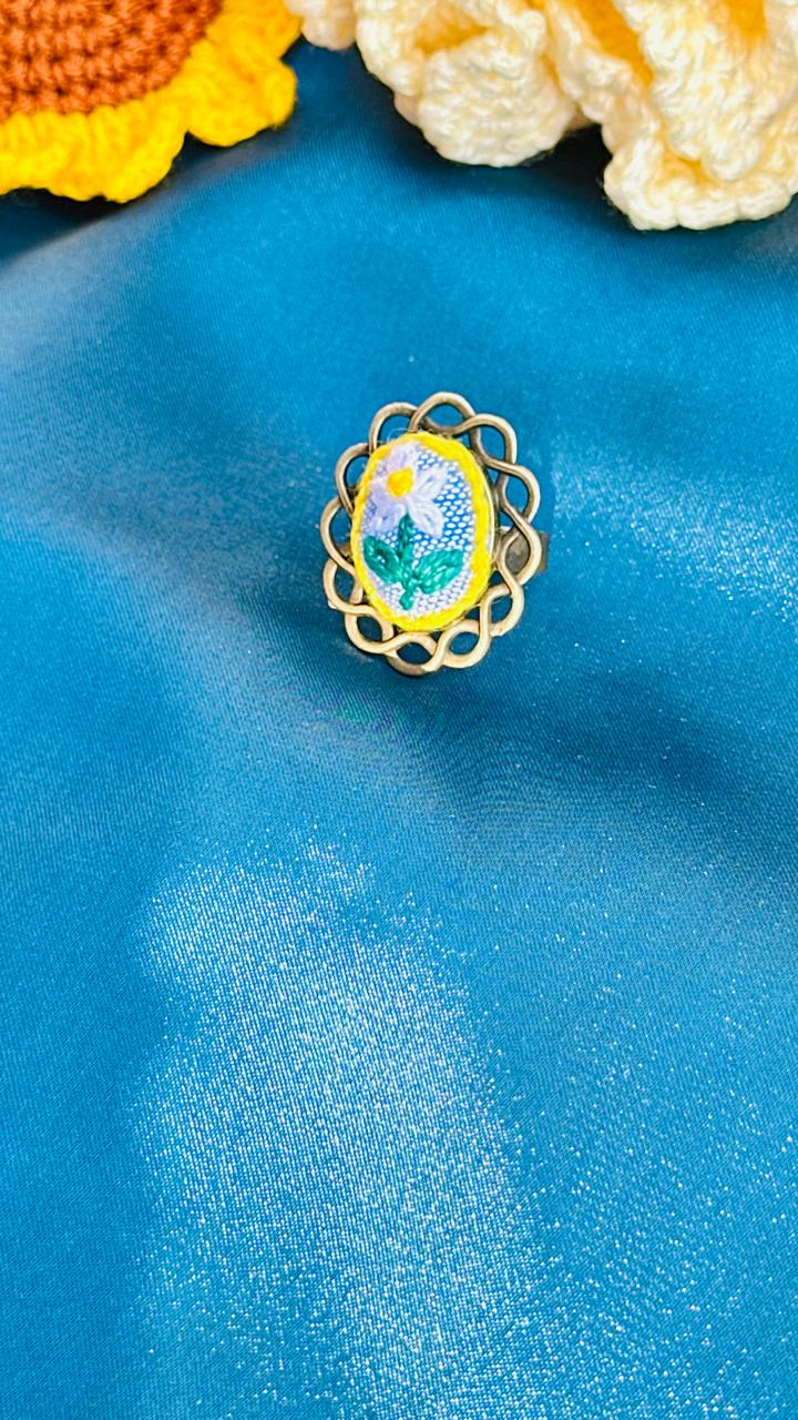 Hand-Embroidered Daisy Ring - Blue & Yellow Miniature Needlework Jewelry - Vintage Bronze Scalloped Statement Ring - Adjustable Floral Artisan Ring