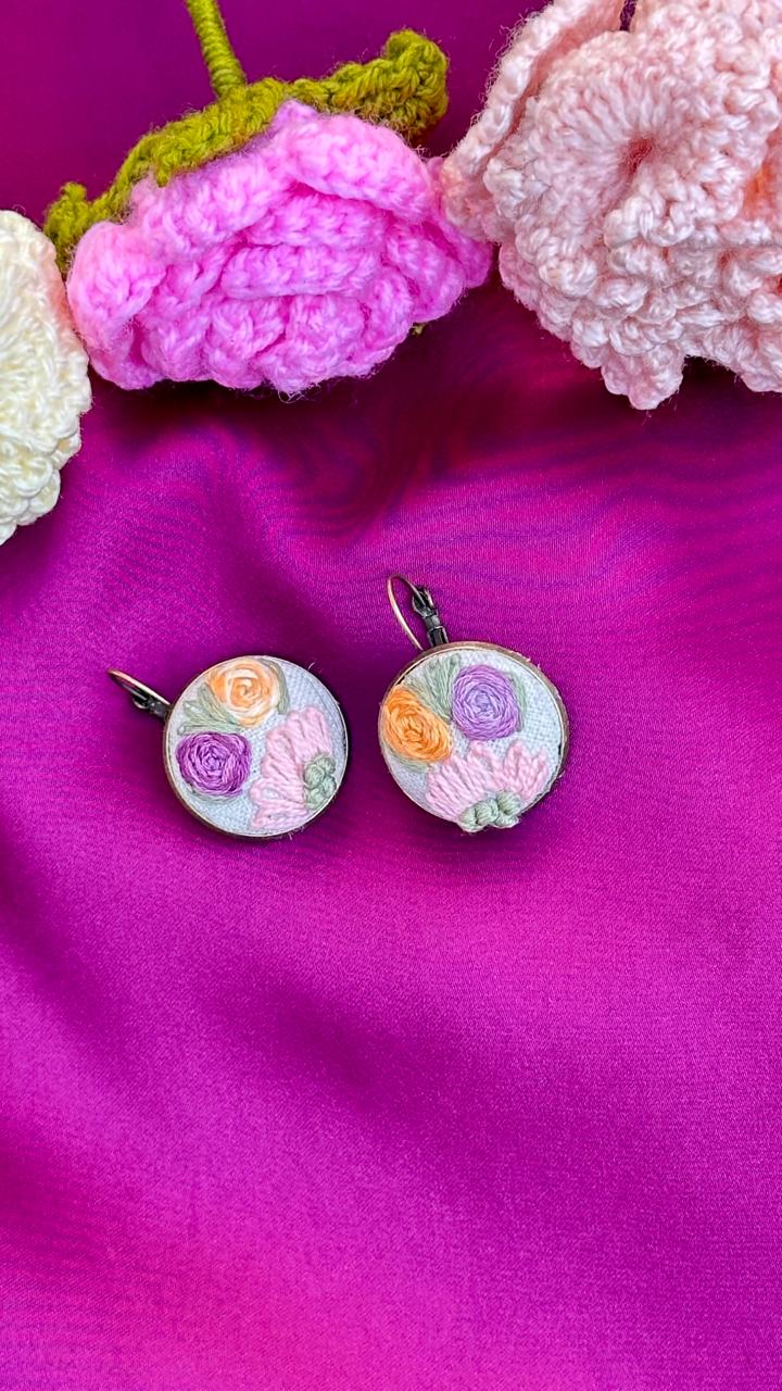 Hand Embroidered Floral Earrings - Multi-Color Pastel Flower Jewelry - Artisanal Botanical Drop Earrings