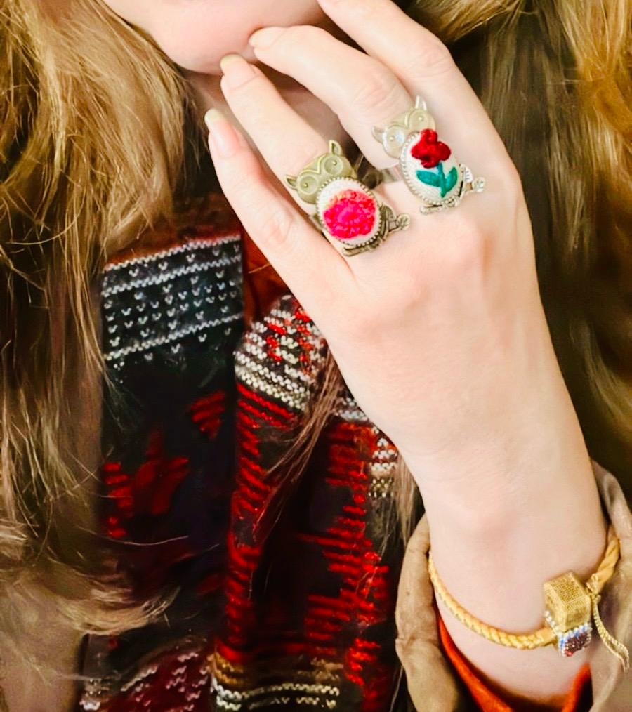 Hand-Embroidered Owl Ring - Red Rose Miniature Needlework Jewelry - Whimsical Silver Owl Statement Ring - Adjustable Nature-Inspired Artisan Gift