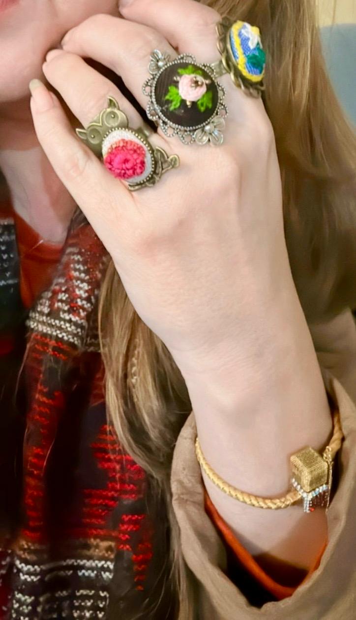 Hand-Embroidered Rose Ring - Pink Floral Embroidery on Black Canvas - Vintage Silver Filigree Statement Ring - Adjustable Botanical Artisan Jewelry