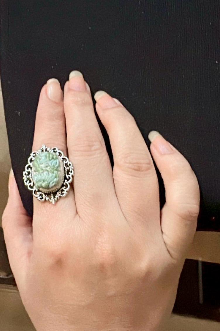 Hand-Embroidered Mint Floral Ring - Silver Filigree Cameo Jewelry - Pastel Green Needlework Statement Ring - Adjustable Artisan Gift