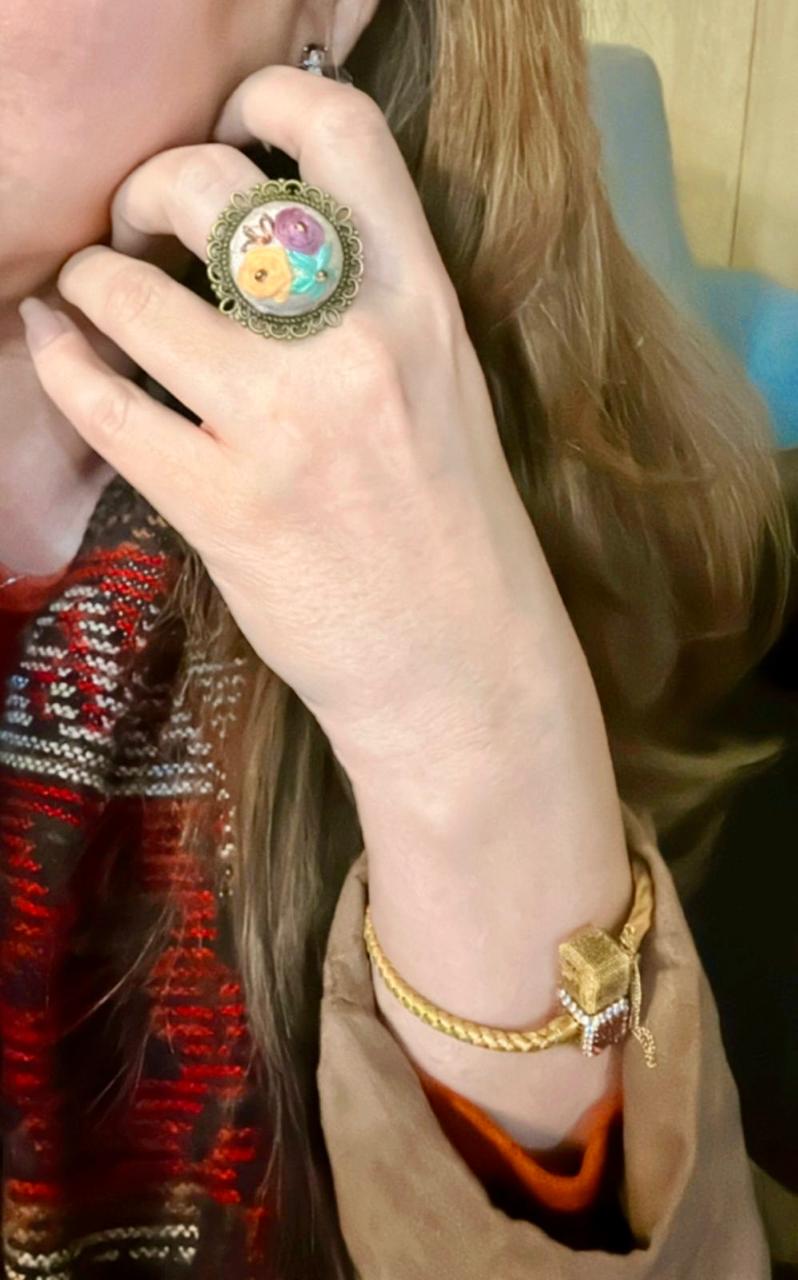 Handmade Floral Embroidery Ring - Colorful Wildflower Needlework Jewelry - Antique Bronze Adjustable Filigree Ring