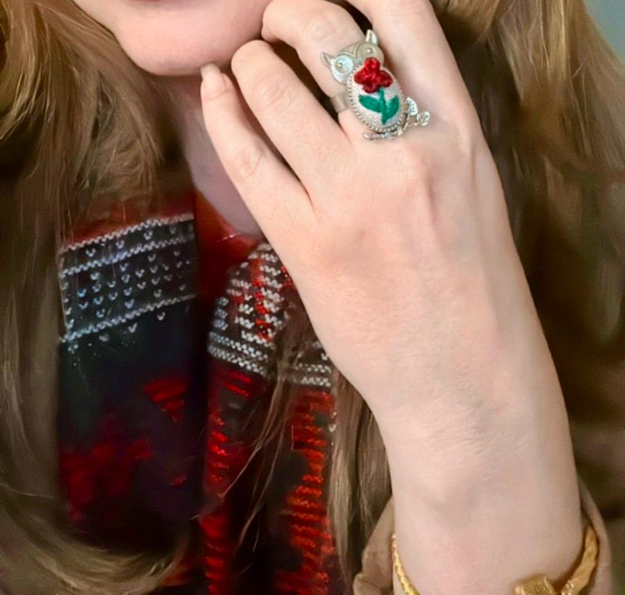Hand-Embroidered Owl Ring - Red Rose Miniature Needlework Jewelry - Whimsical Silver Owl Statement Ring - Adjustable Nature-Inspired Artisan Gift