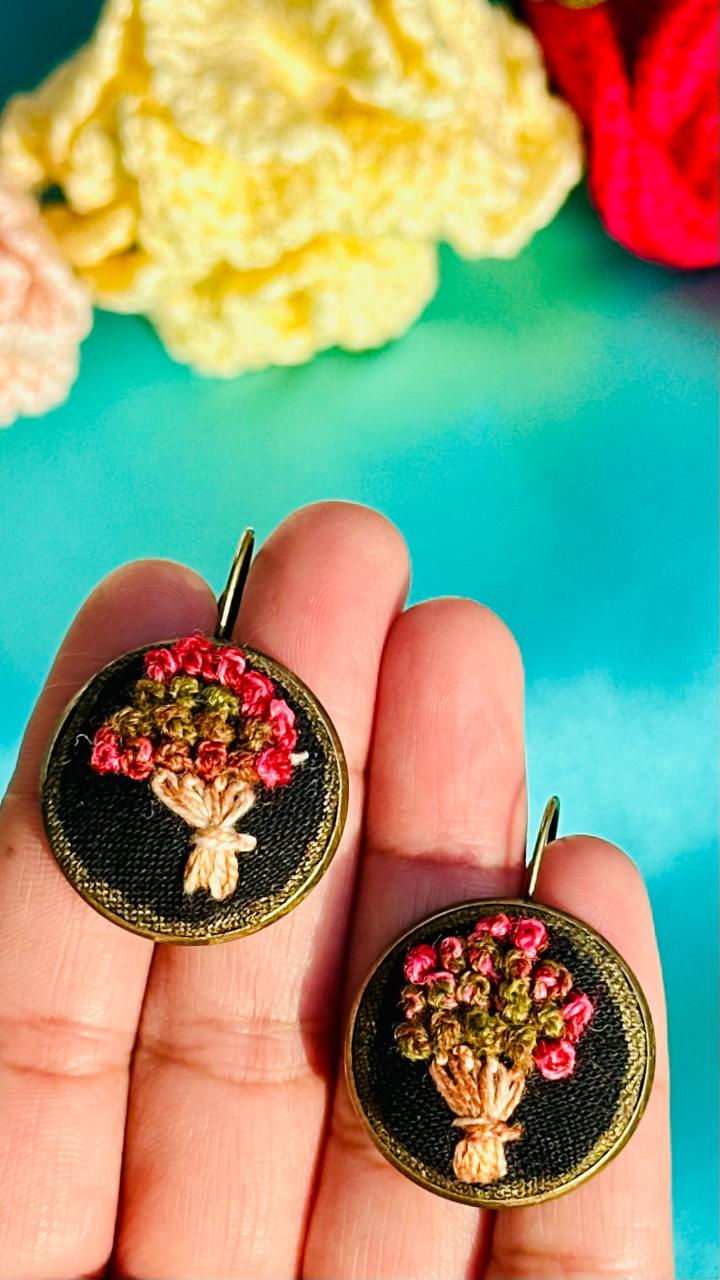 Hand Embroidered Floral Bouquet Earrings - Vintage Style Black Fabric Jewelry - Romantic Flower Drop Earrings