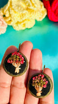 Hand Embroidered Floral Bouquet Earrings - Vintage Style Black Fabric Jewelry - Romantic Flower Drop Earrings