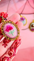 Hand-Embroidered Floral Pendant - Vintage Style Gold Filigree Cameo Necklace - Artisan Jewelry
