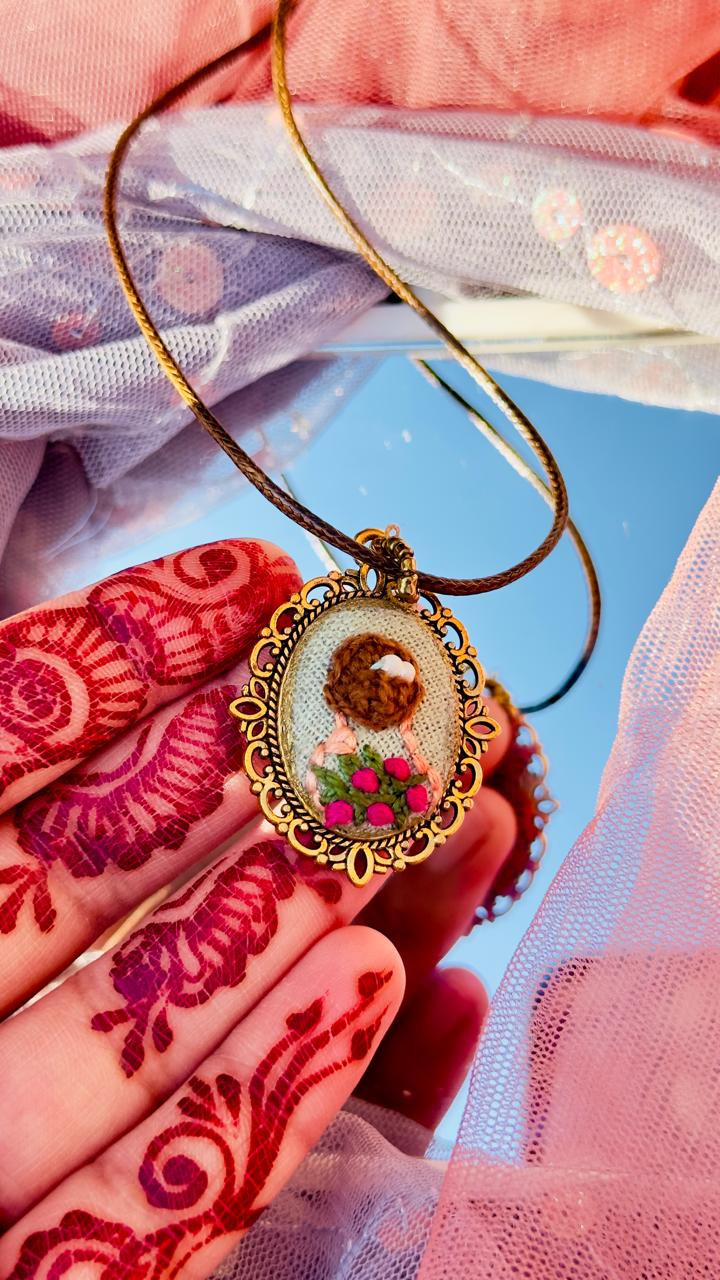 Hand Embroidered Girl Portrait Pendant – 3D Floral Miniature Textile Art – Vintage Bronze Frame Necklace
