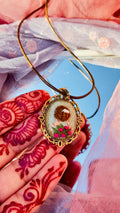 Hand Embroidered Girl Portrait Pendant – 3D Floral Miniature Textile Art – Vintage Bronze Frame Necklace
