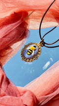 Hand Embroidered Bumblebee Pendant – 3D Bee Textile Art Necklace – Vintage Bronze Filigree Jewelry