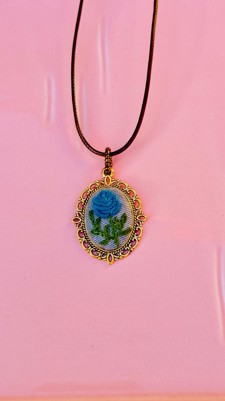 Hand-Embroidered Blue Rose Pendant - Vintage Gold Filigree Cameo Necklace - Artisan Hand-Stitched Jewelry