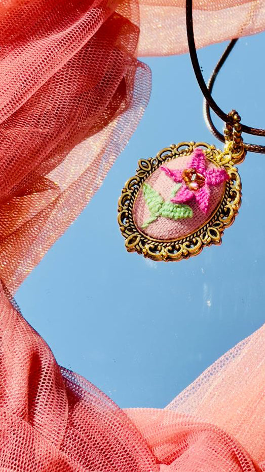 Hand Embroidered Flower Pendant - Vintage Style Gold Filigree Necklace - Pink Floral Miniature Textile Jewelry - Unique Gift for Her