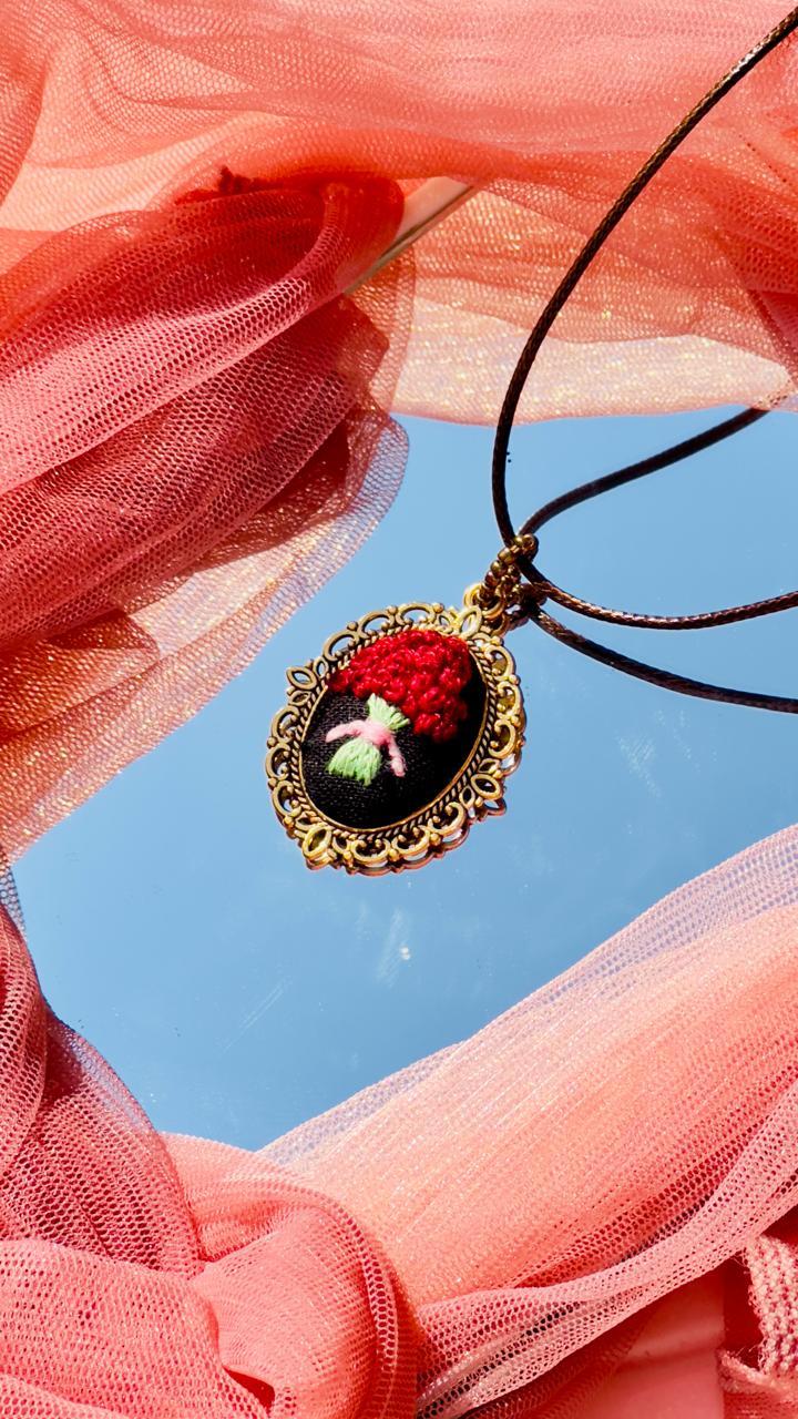Hand Embroidered Red Rose Pendant - Miniature Bouquet Textile Jewelry - Romantic Gothic Gift for Her