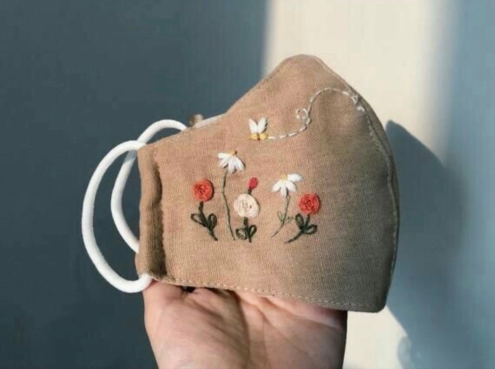 Whimsical Garden: Hand-Embroidered Floral & Heart Face Mask