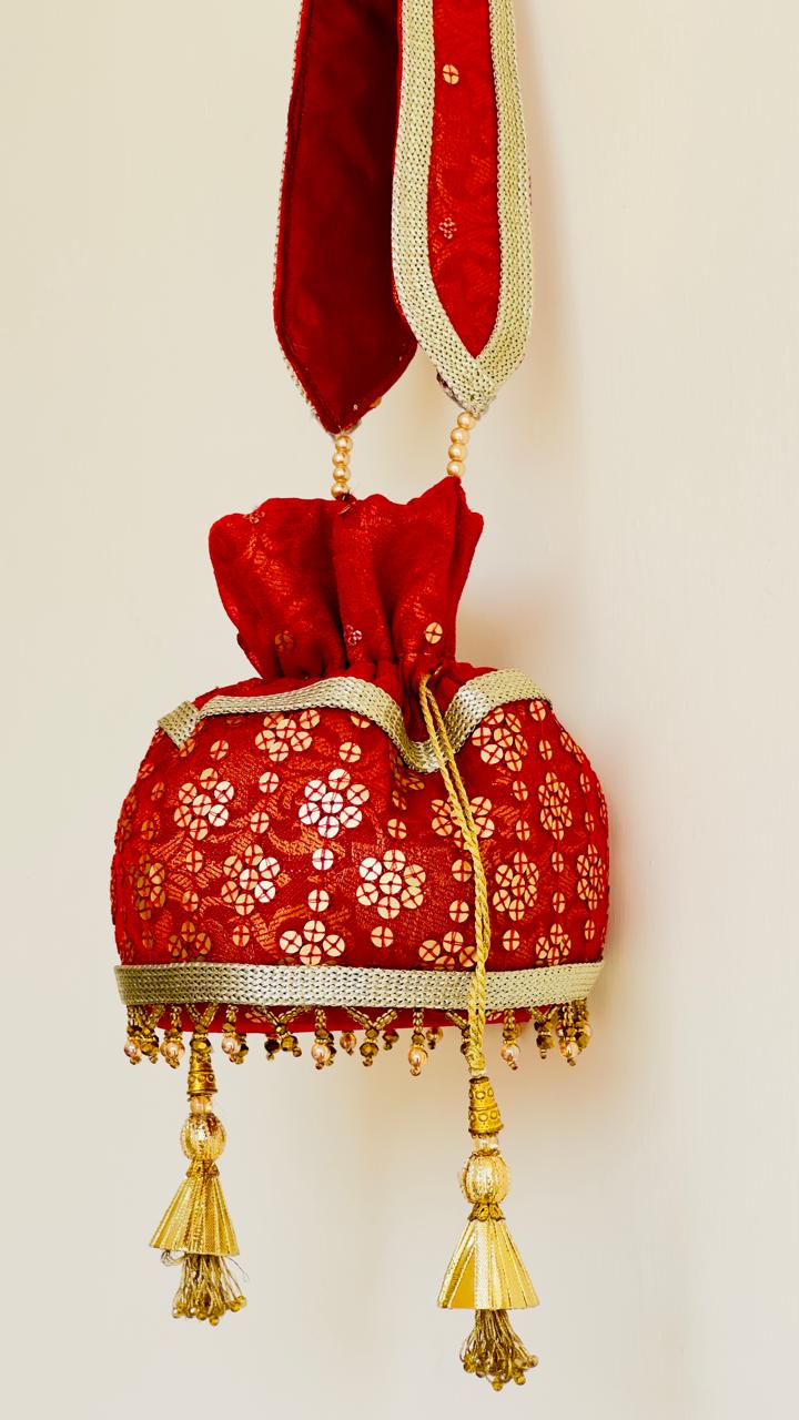 Marjaan Hand-Embellished Sequin Potli Bag with Golden Bead Accents – Radiant Red (Customizable)