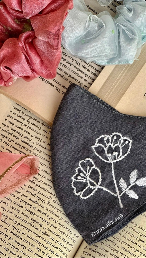 Hand-Embroidered Floral Face Mask - Custom Denim & Cotton