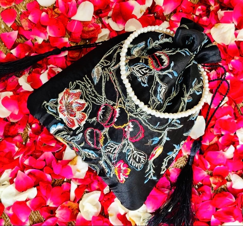 Zaiba: Black Organza Potli Bag with Floral Embroidery