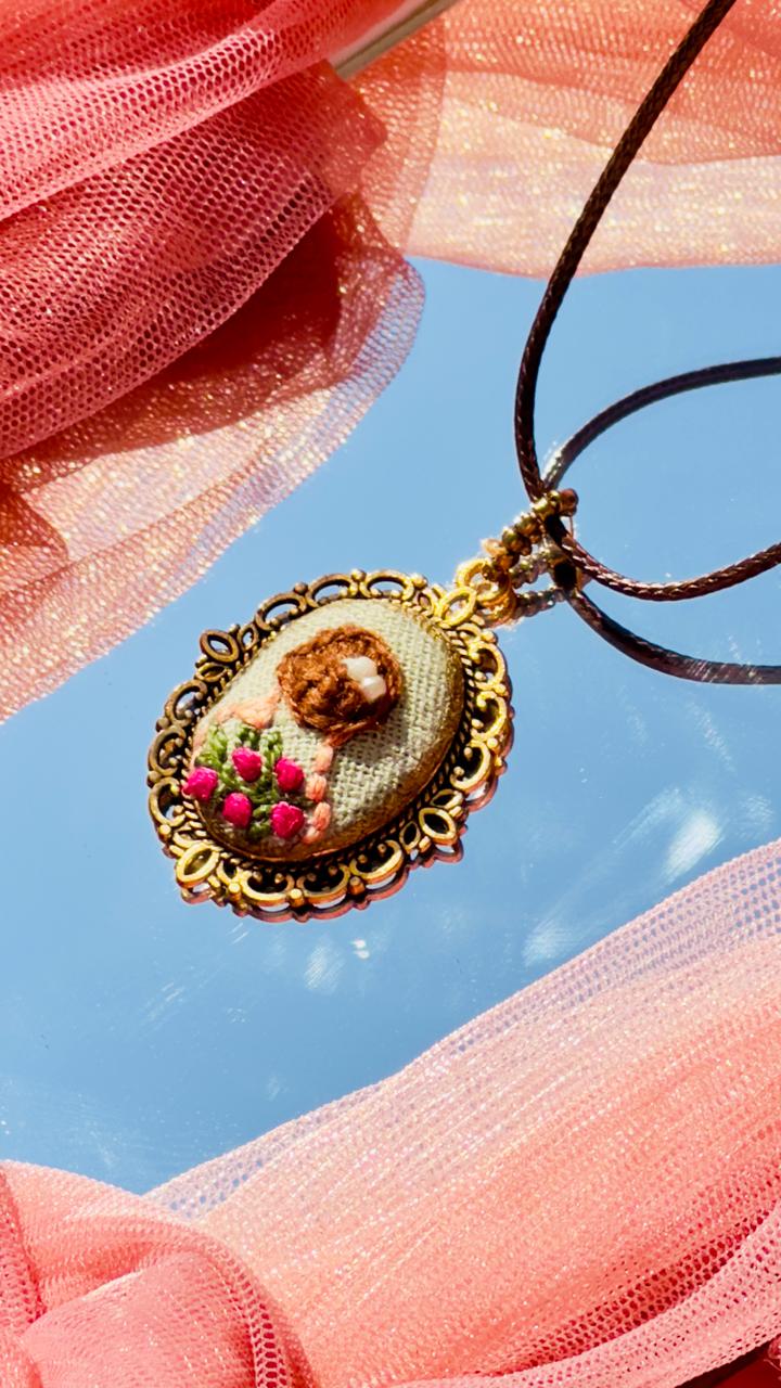 The "Secret Garden Girl" Pendant – Hand-Embroidered 3D Floral Portrait