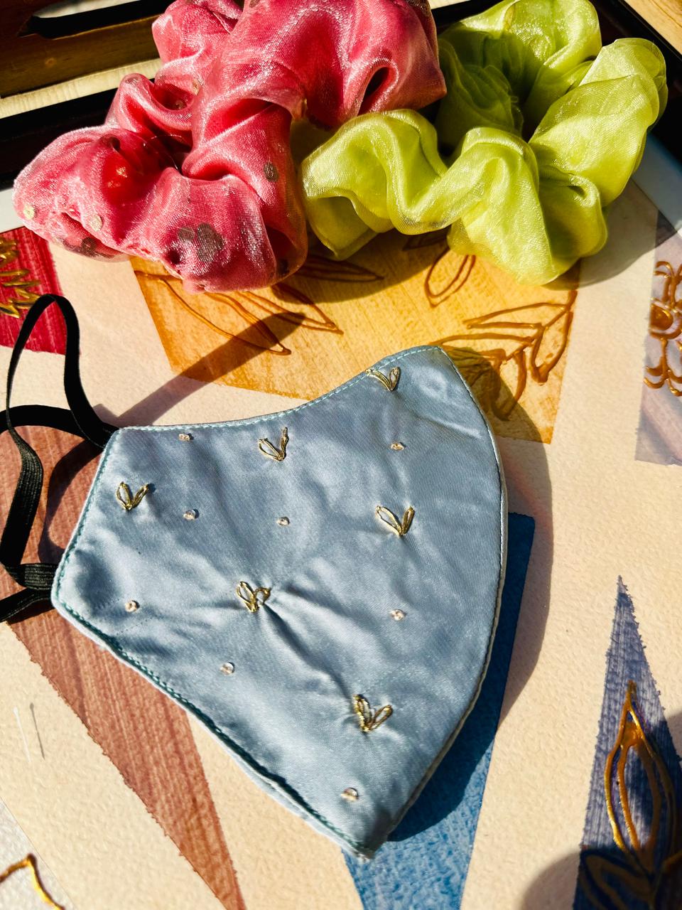 Luxurious Hand-Embroidered Heart Satin Face Mask – Pastel Blue & Gold – Bridal, Wedding, & Evening Wear