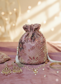 Dur-e-Nayab Hand-Embellished Net Potli Bag – Radiant Rose & Pearl (Customizable)