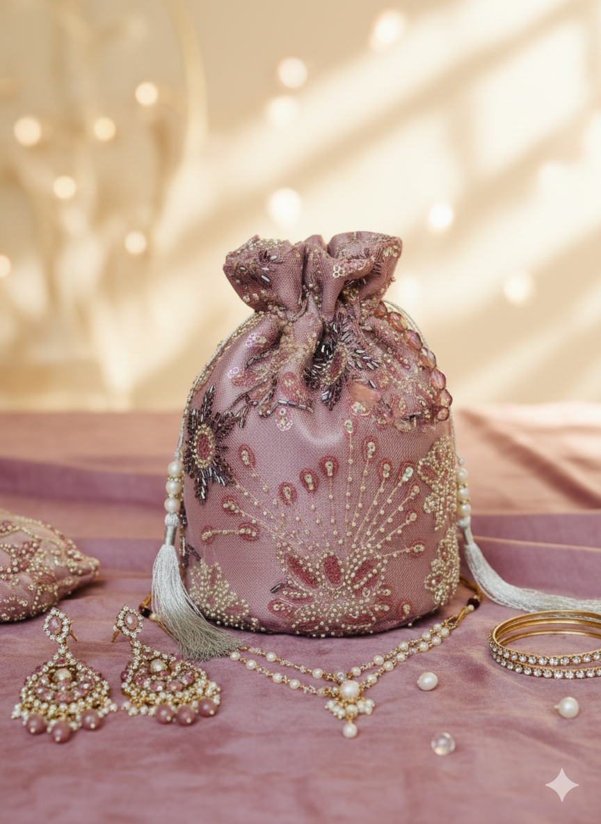 Dur-e-Nayab Hand-Embellished Net Potli Bag – Radiant Rose & Pearl (Customizable)
