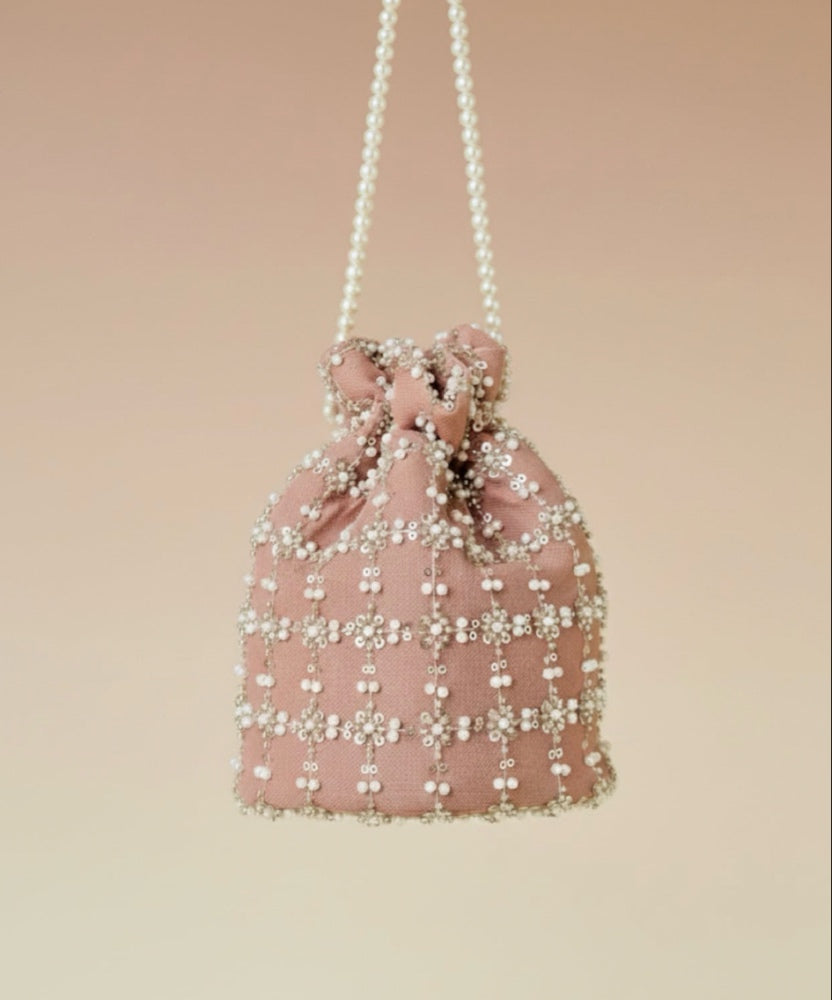 Shafaq: Pink Hand-Embroidered Pearl & Sequin Net Potli Bag