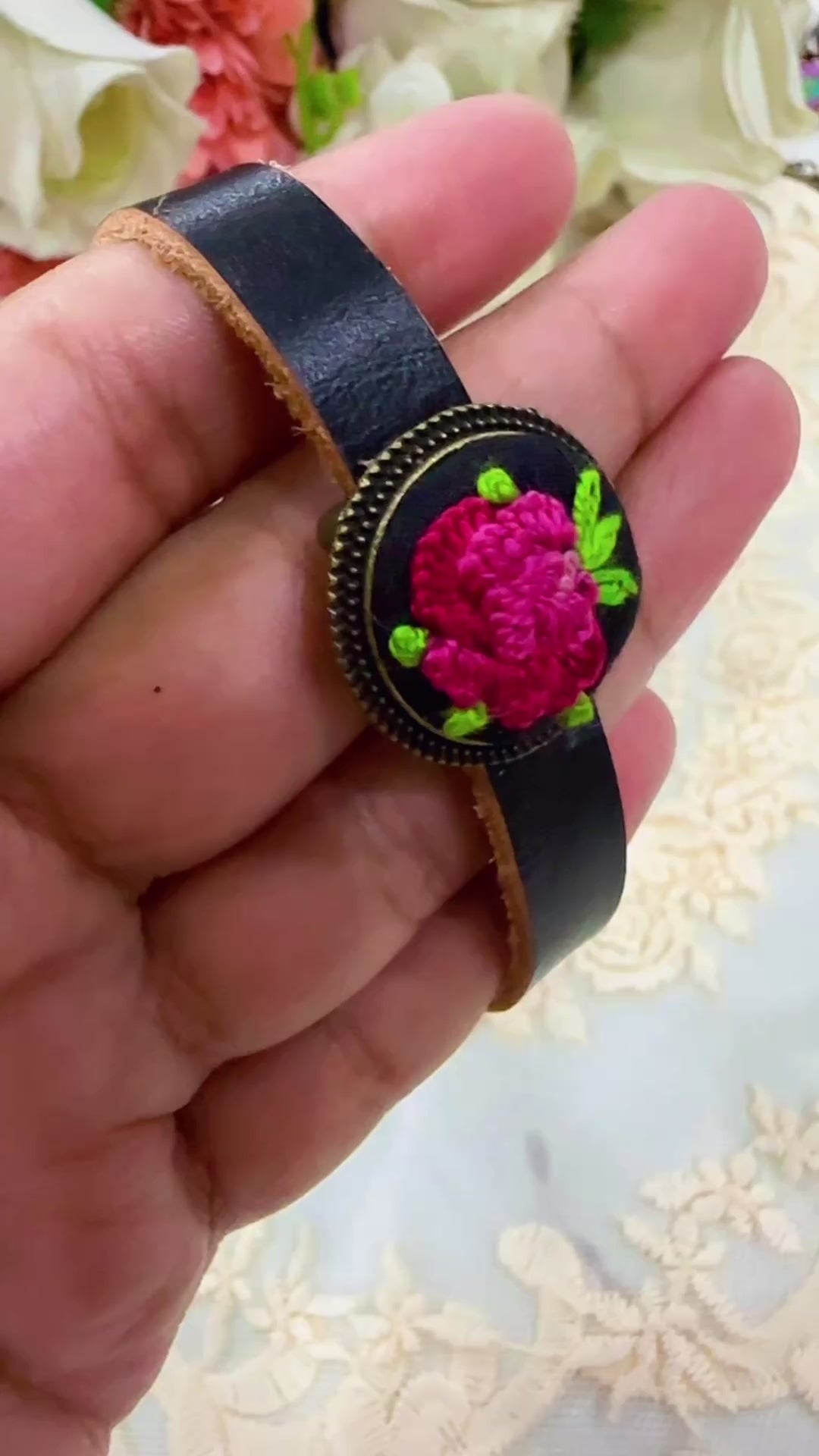 Gul-e-Rana Hand-Embroidered Leather Bracelet | Rustic Romance Series