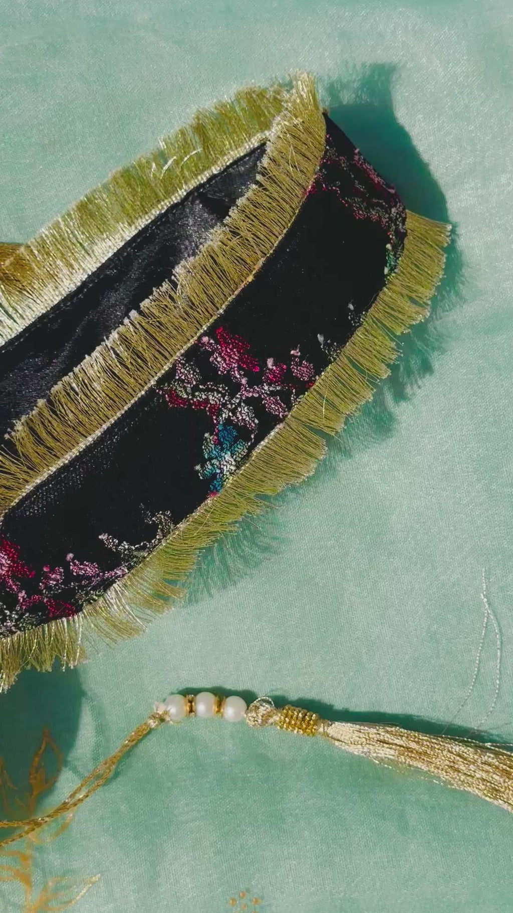 Sahar Handcrafted Floral Jacquard Potli Bag | Black & Gold Fringe Clutch