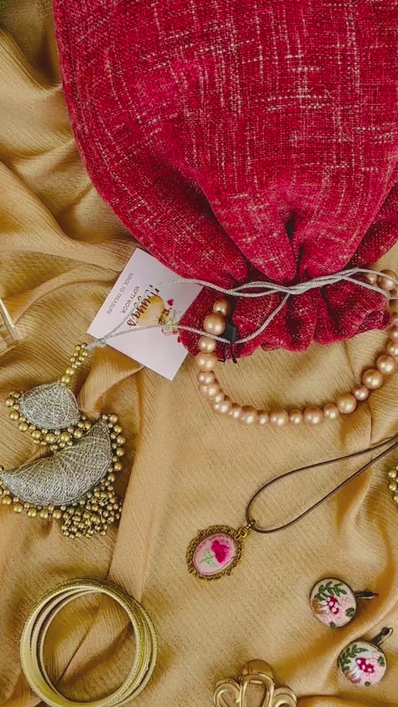 Gulaab: Red Imported Velvet Potli Bag with Pearl Handle