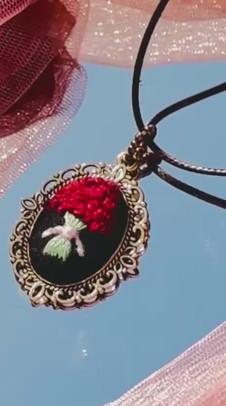 Hand Embroidered Red Rose Pendant - Vintage Style Black & Gold Filigree Necklace - Miniature Bouquet Textile Jewelry - Romantic Gothic Gift for Her