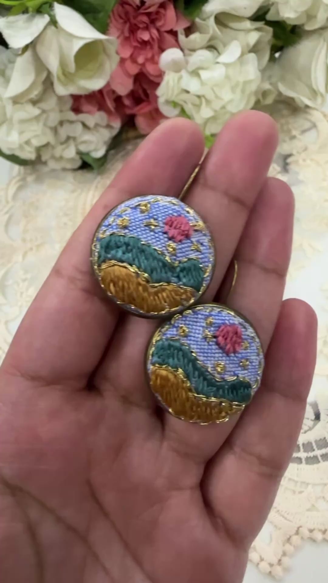 Golden Meadow Day Hand-Embroidered Landscape Statement Earrings
