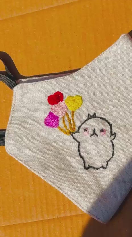 Hand-Embroidered Cute Character Face Mask – Natural Cotton Linen – Whimsical Heart Balloons – Breathable & Reusable