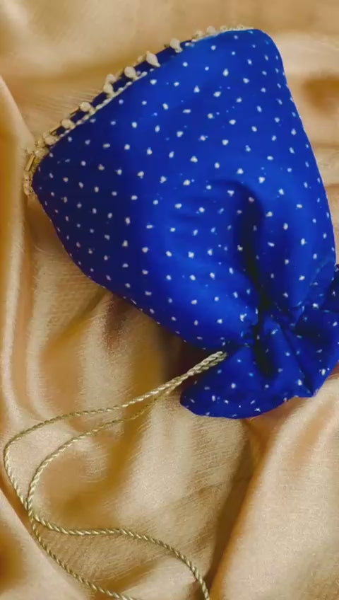 Neelofer: Royal Blue Net Potli with Gold Bead Fringe