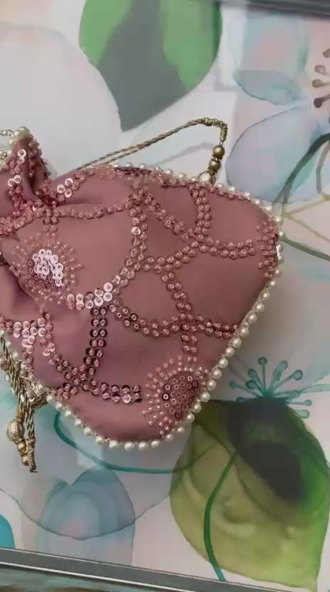 Pareesa: Dusty Rose Sequin Mesh Hand-Embellished Potli