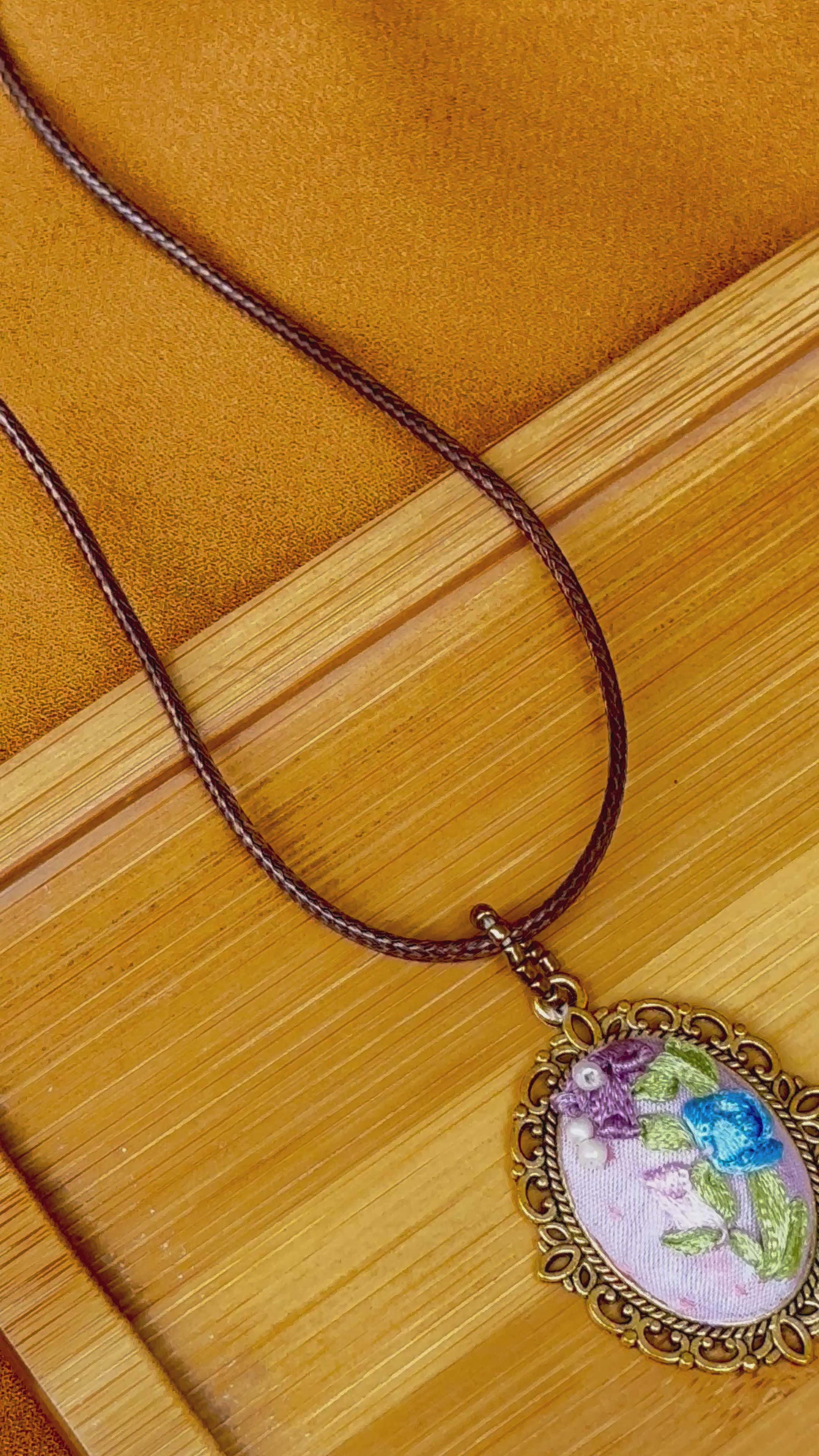 Pink & Lavender Hand-Embroidered Ribbon Work Pendant | Vintage Floral Charm