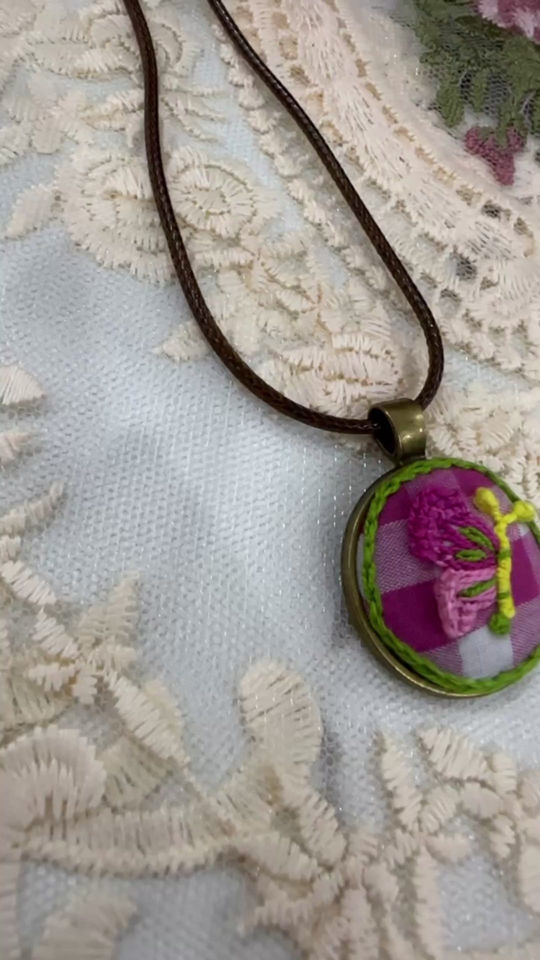 Fluttering Petals Hand-Embroidered Butterfly Pendant Necklace
