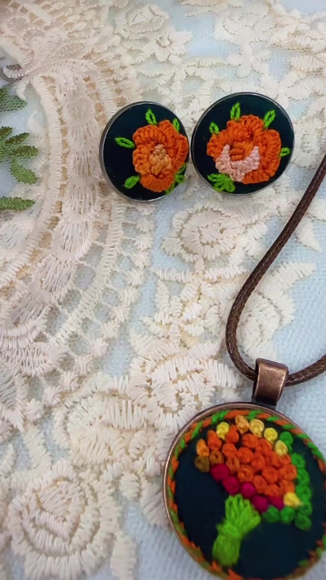 Autumn Rust Blossom Hand-Embroidered Floral Statement Earrings