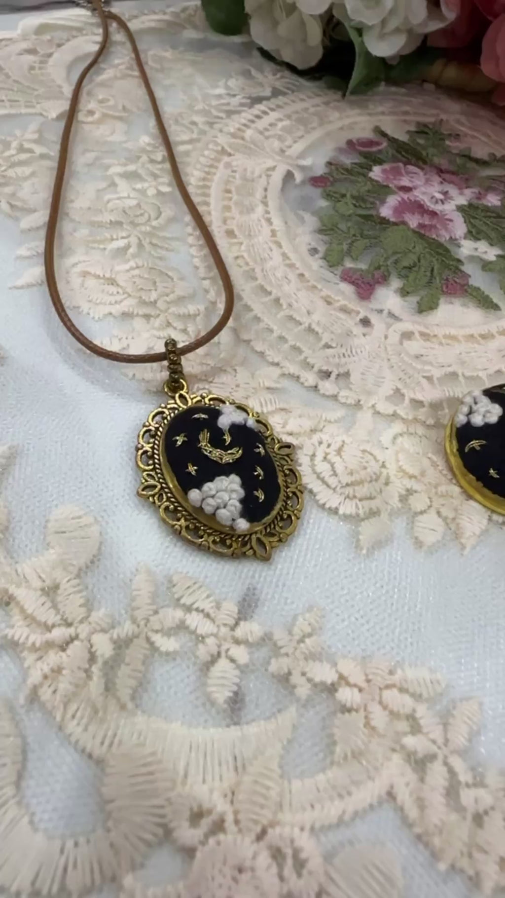 Midnight Stardust Hand-Embroidered Celestial Pendant Necklace