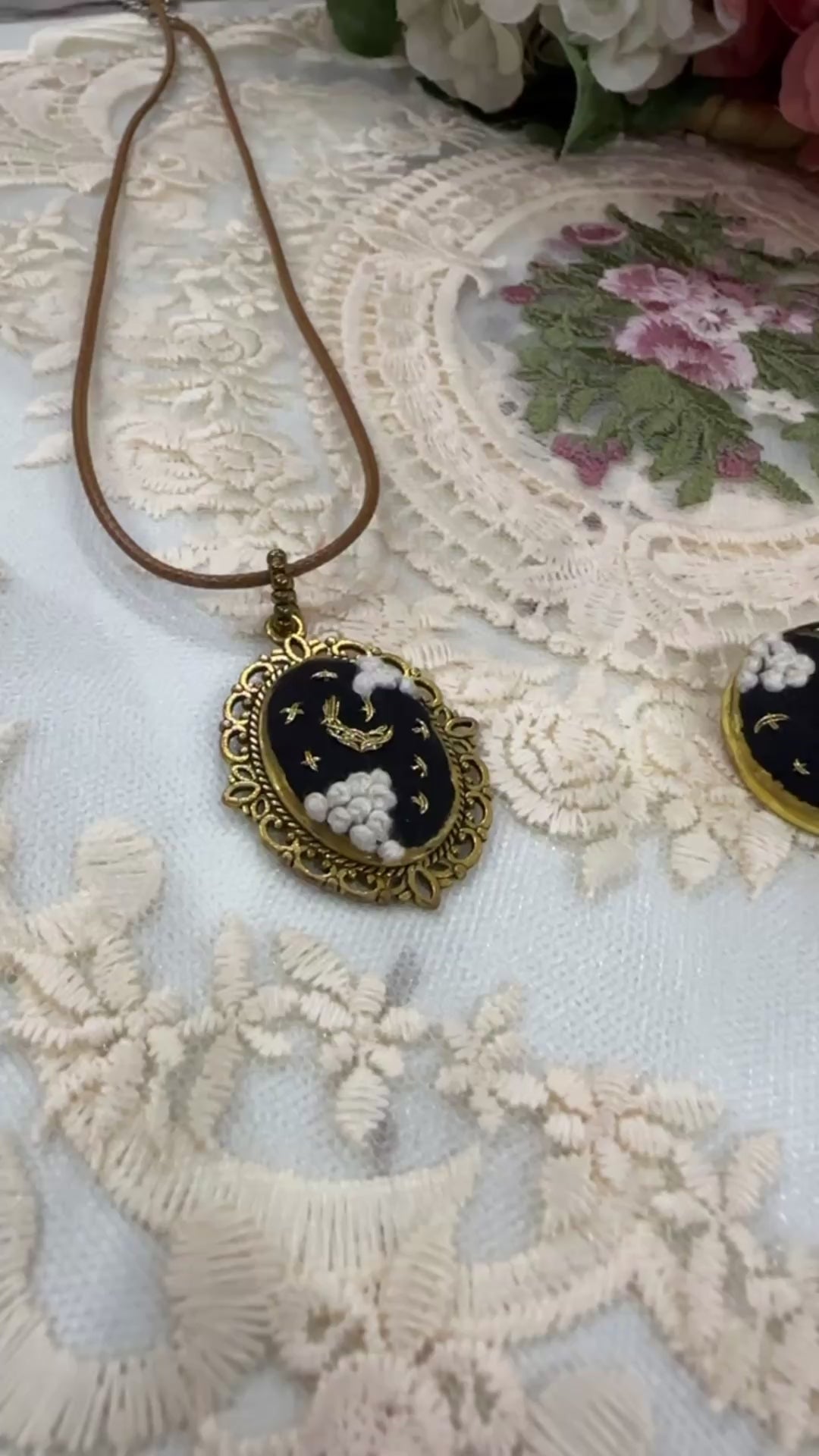 Midnight Stardust Hand-Embroidered Celestial Pendant Necklace