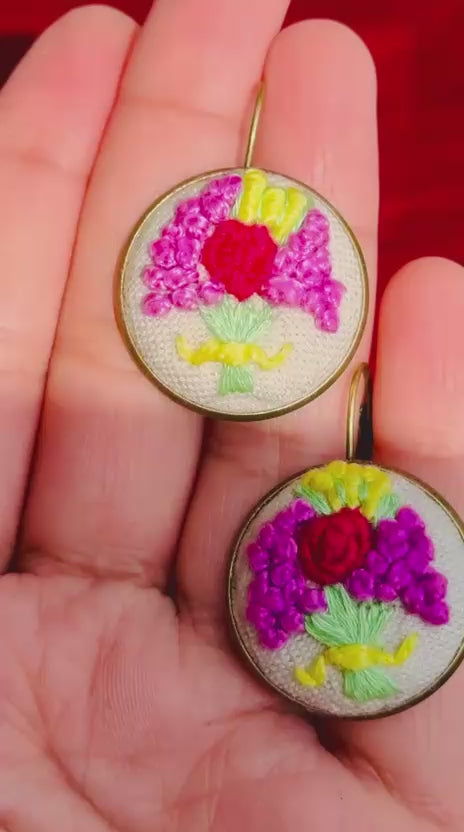 Hand-Embroidered Floral Earrings | French Knot Flower Bouquet Jewelry | Handmade Boho Dangle Earrings for Women