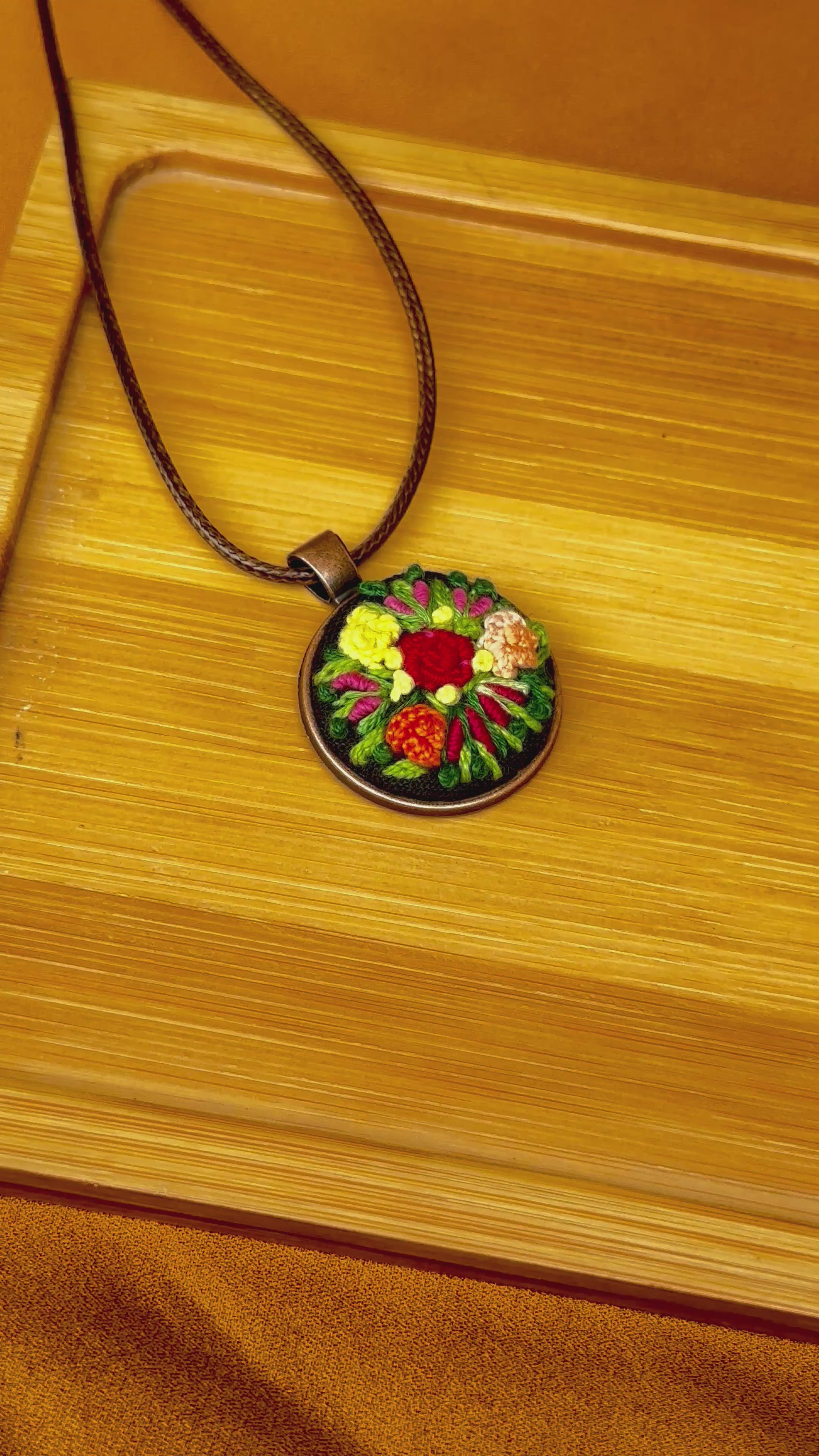 Hand-Embroidered Floral Pendant | Vintage Style Jewelry