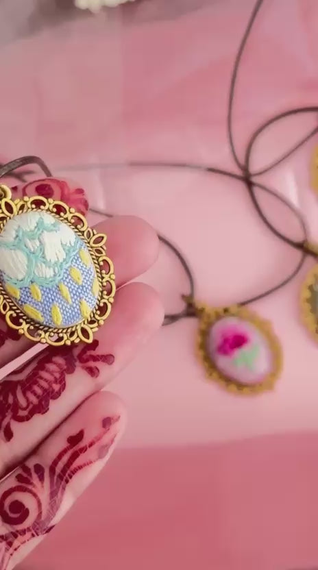 Hand Embroidered Raincloud Pendant – Vintage Style Miniature Textile Art Necklace – Blue & Gold