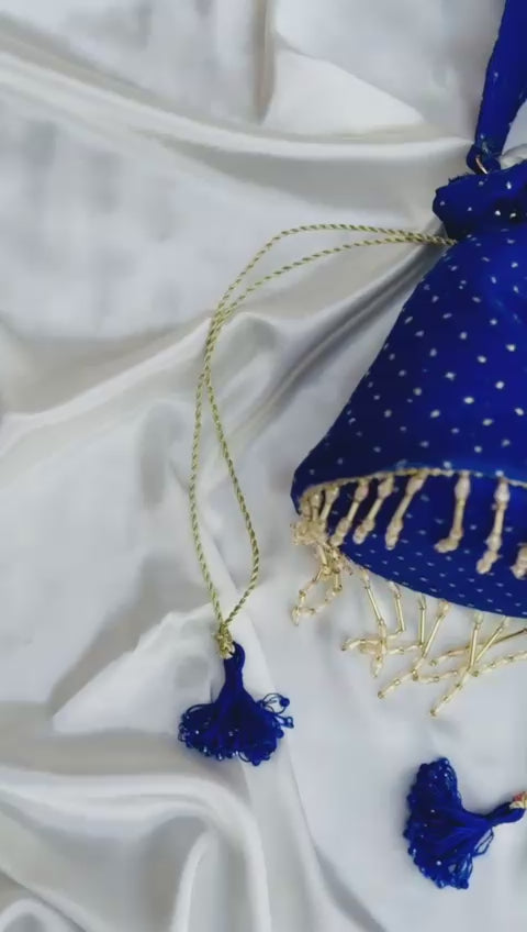 Neelofer: Royal Blue Net Potli with Gold Bead Fringe