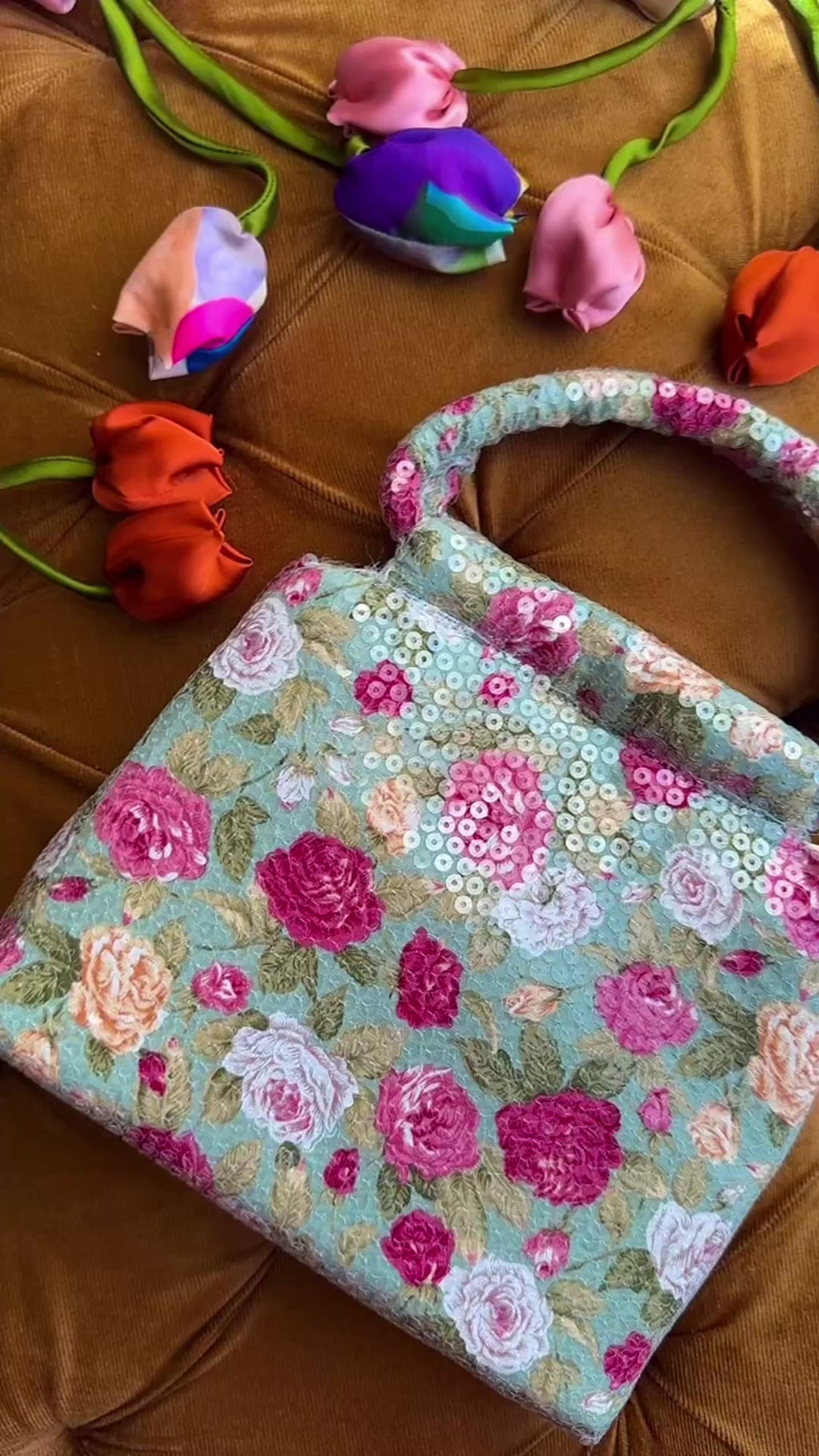 Bloom Box: Handmade Sage Floral Bag with Sequin Ring Handle